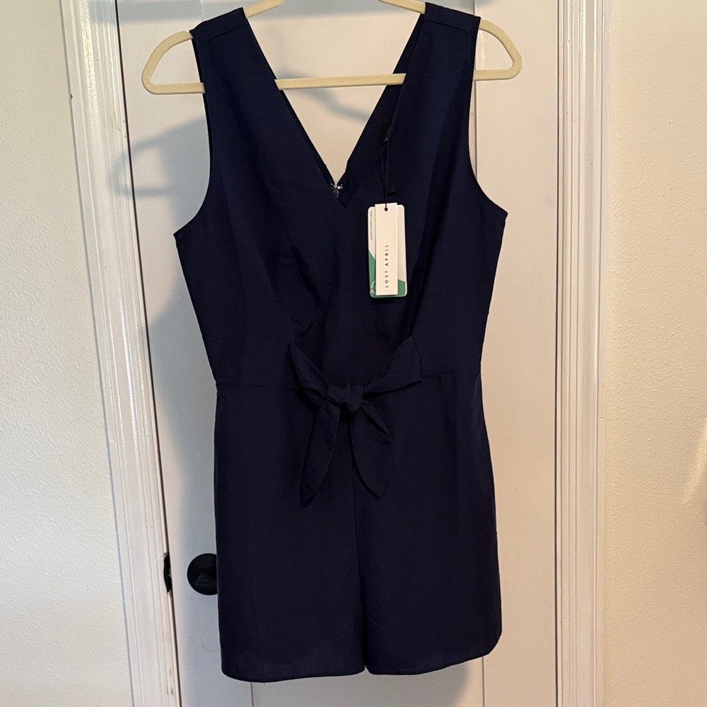 Navy Sleeveless Romper with Tie Waist
